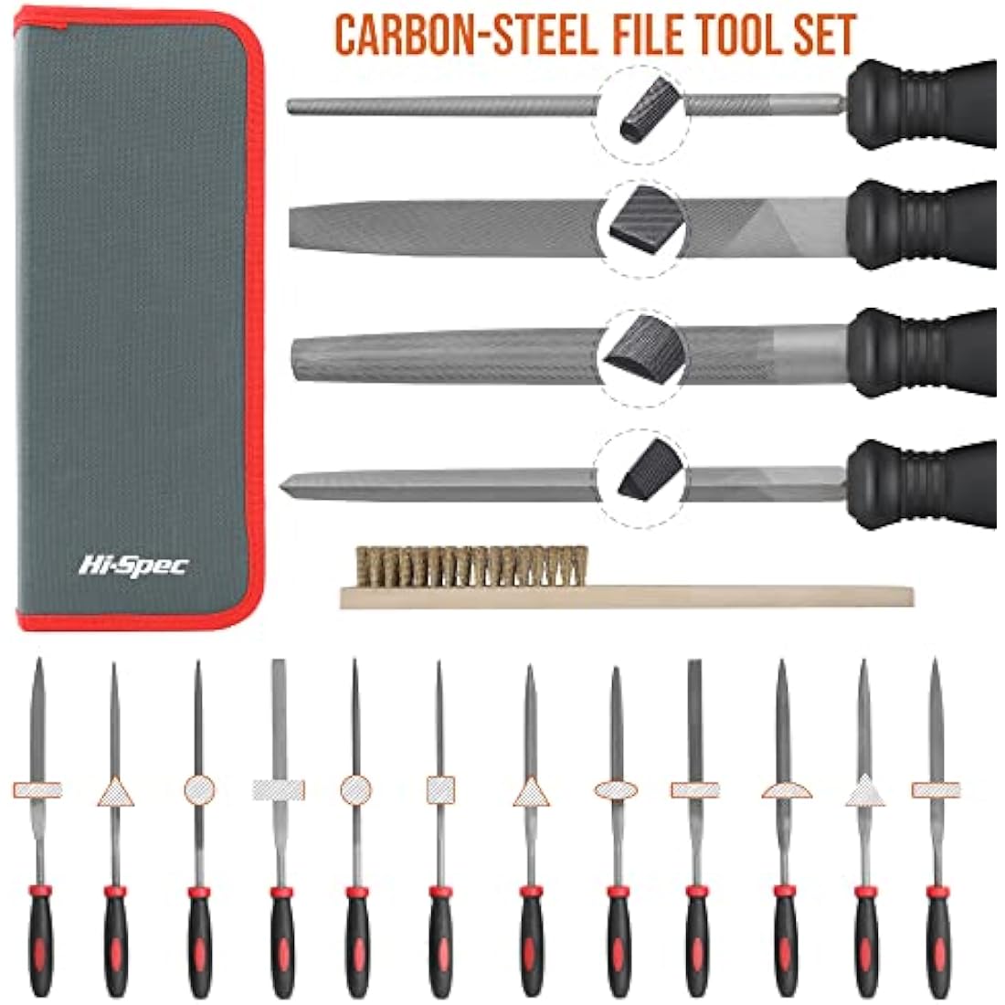 Hi-Spec 17 Pc Metal File Set – Hand & Needle Files, Large & Fine Micro Steel, Flat, Half, Round & Triangle for Crafts, Metal & Wood Work, All in a Large Zipper Storage Case