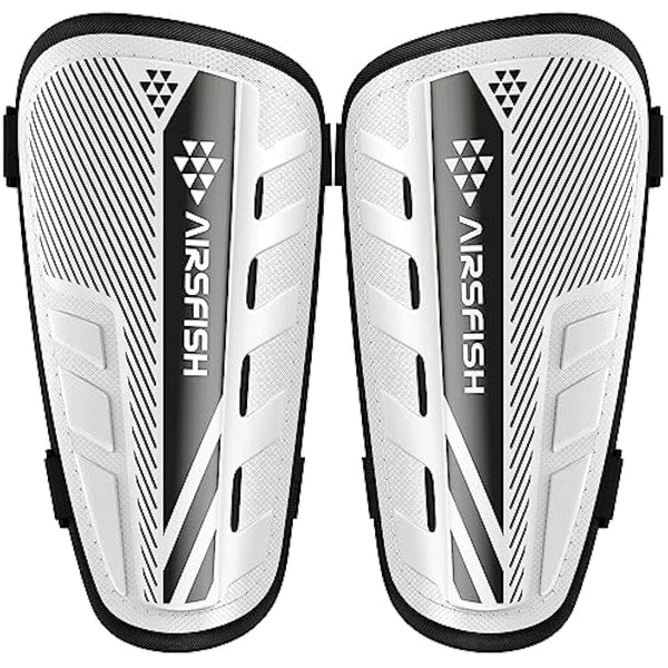AirsFish Shin Pads Boys CE Certified Kids Shin Pads with Ankle Protection,Breathable Non Slip Extended Adjustable Straps (Black-White, XS(100-120CM))