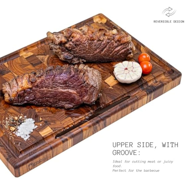 Erreke Wooden Chopping Boards, End Grain Large Teak Wood Chopping Board, Ideal for Kitchen or Barbecue, Serve or Chop Food Meat Cheese Bread, 44 x 29.5 x 3.2 cm (with Juice Groove)