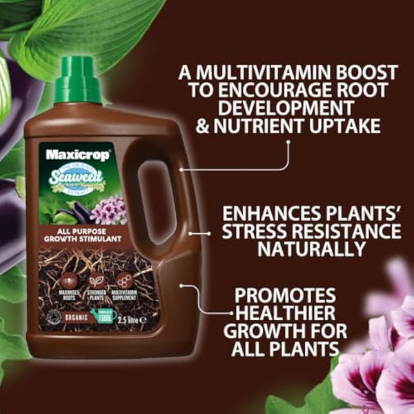 Maxicrop All Purpose Plant Growth Stimulant, 2.5L - Natural Seaweed Based Liquid Biostimulant - Multivitamin Boost for All Garden Plants - Strong Roots - Healthy Growth - Builds Resilient Crops