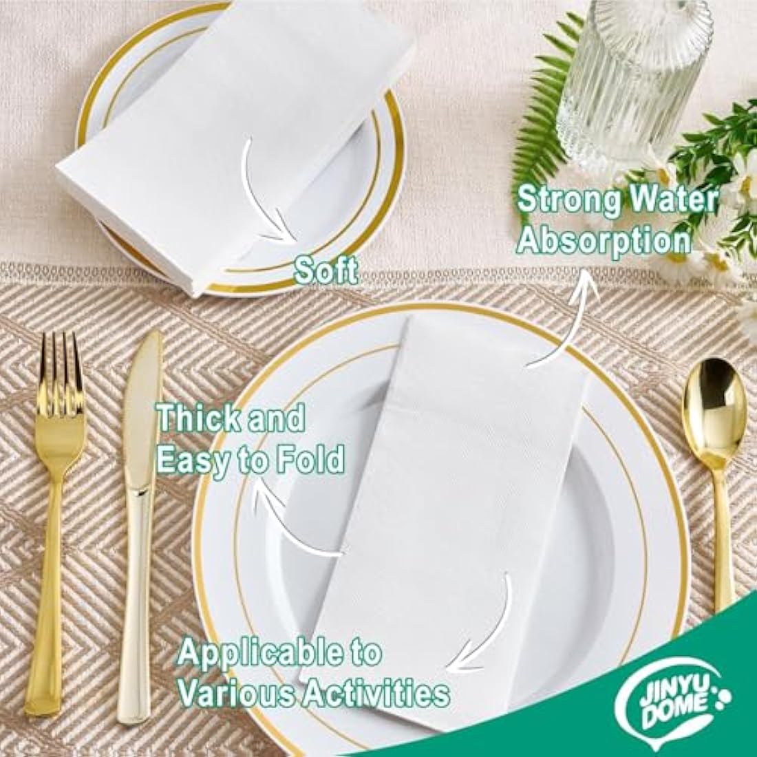 JINYUDOME Disposable Bathroom Guest Towels, Linen Feel Napkins, Cloth Like Hand Towels, Party Napkin, Soft and Durable, Ideal for Party Activities, Wedding and Daily Home Use, Pack of 200, White