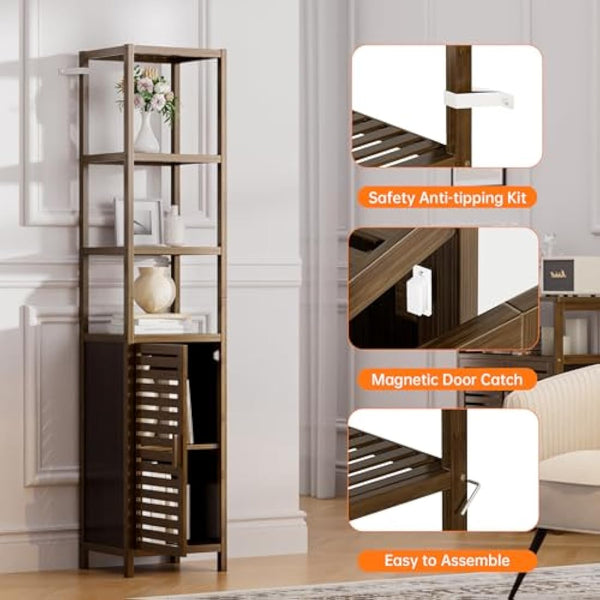 HITNET Bathroom Storage Cabinet Bamboo, Tall Narrow Space Saver Organizer Floor Standing for Kitchen, 4 Open Shelves and 1 Cupboard with Door, Walnut