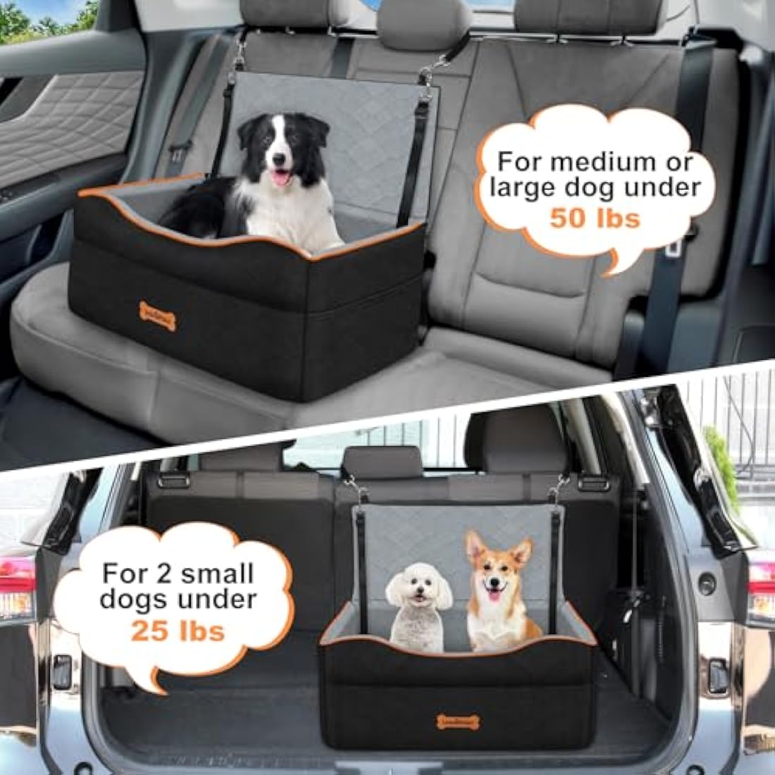 VavoPaw Dog Car Seat, Dog Booster Car Seat for Dogs Under 50Lbs Medium or 2 Small Dogs under 25Lbs, Waterproof Cars Pet Bed with Thick Cushion & Safety Leash, Removable Pet Cars Seats for Travel