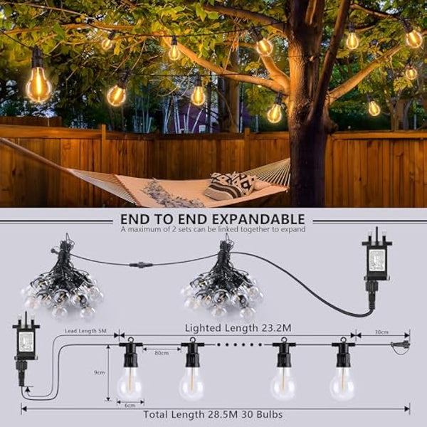Joomer Festoon Lights Outdoor Mains Powered, 28.5M/93.5Ft Outdoor String Lights with 30 Edison Bulbs, 8 Modes Garden String Lights Waterproof Timer Connectable for Indoor Party Patio, Warm White