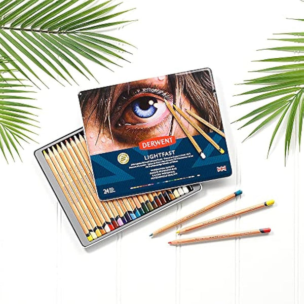 Derwent Lightfast Pencils Set Of 24 In Tin, 4mm Round Core, Premium Core Strength, Creamy Texture, Ideal For Fine Art Drawing & Colouring, Professional Quality, 2302720