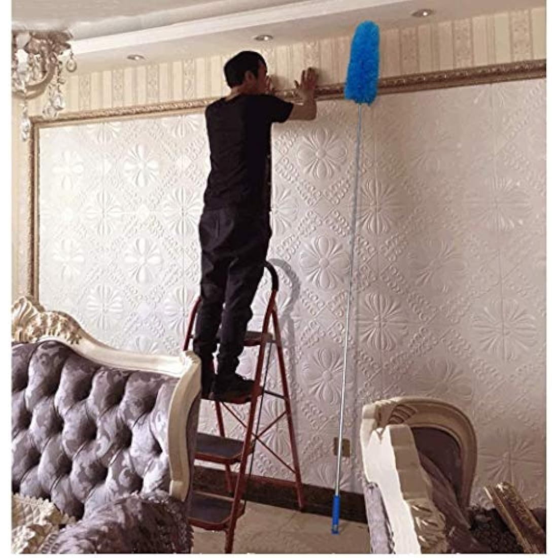 Feather Duster,Duster Extendable for Cleaning with Telescoping Extension Pole Extendable Duster for Cleaning High Ceiling Fan,Blinds, Baseboards,Cars(Blue)