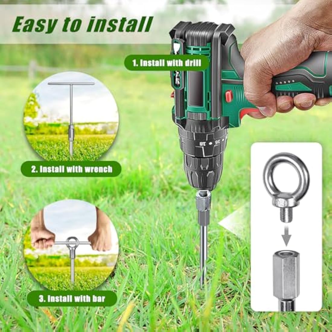 Dolibest Tent Peg Heavy Duty, 46cm Ground Anchor Screw Trampoline Stake Metal Earth Sand Spiral Wind Storm Spike for Swing/Camping/Shed/Dog/Carport/Canopy with Fixed Eyelet, 4 Pack