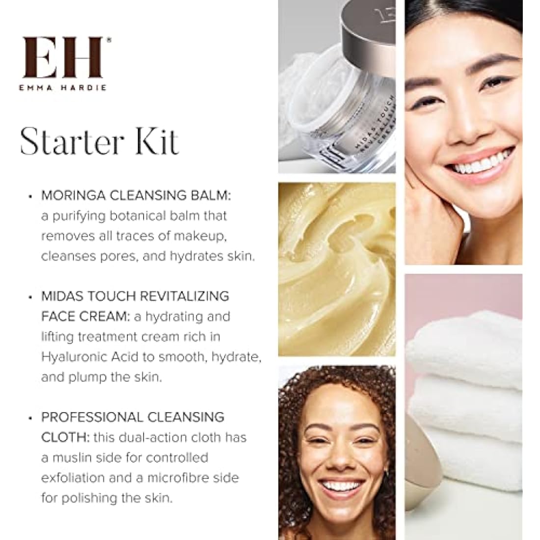 Emma Hardie Starter Kit: Travel Size 50ml Moringa Cleansing Balm, Travel Size 15ml Midas Touch Revitalising Cream & Professional Cleansing Cloth, Packed in a Cosmetic Bag, Natural & Cruelty Free