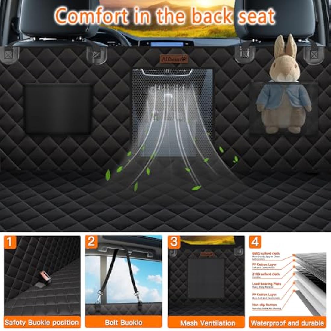 Alfheim Back Seat Extender for Dog,Holds 180Kg,Waterproof Dog Car Back Seat Cover for Rear Seat with Hard Bottom,Upgraded Material Scratch-Resistant Hammock Travel Bed for Cars SUV Truck,Easy to Clean