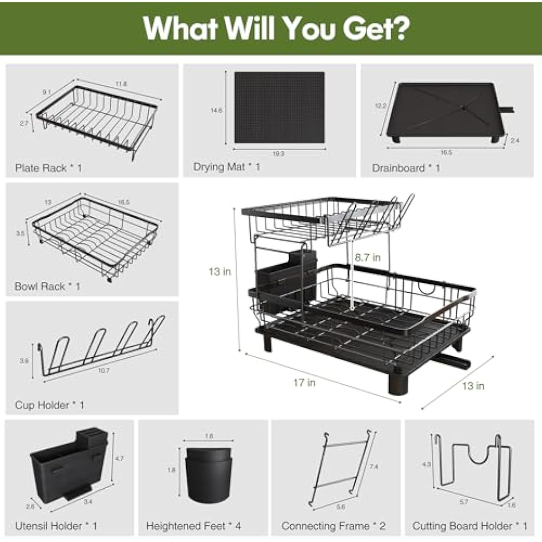 Dish Drainer Rack, 2 Tier Dish Drainer with Drip Tray and Drying Mat, Stainless Steel Draining Board Rack with 360° Swivel Drainage Spout, Utensil Holder, Cups Holder, Cutting-Board Holder, Black