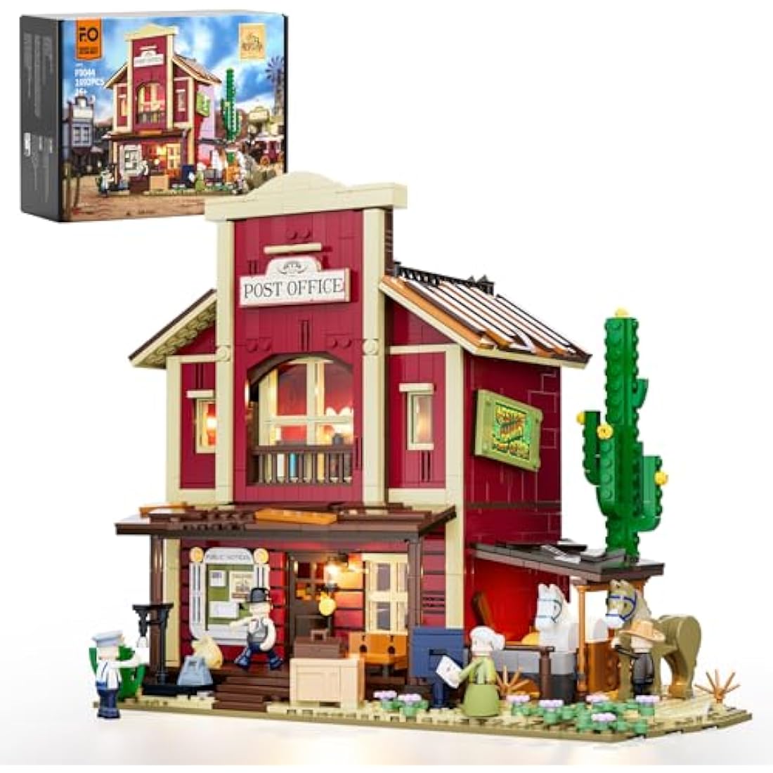 FUNWHOLE Western Post Office Building Set – 1692 PCS Wild West Modular with 6 LED Lights, Cowboy Town Model for Adults & Collectors, Compatible with Western Series