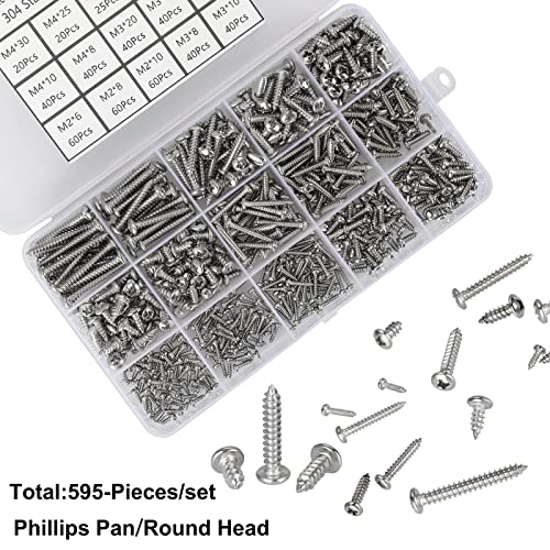 FandWay 595Pcs Self Tapping Screws 304 Stainless Steel,M2 M3 M4 Small Wood Screws Assortment,Pan Head Self Drilling Screw,Round Head Sheet Metal Screw Phillips Drive for DIY Wood Repairs.