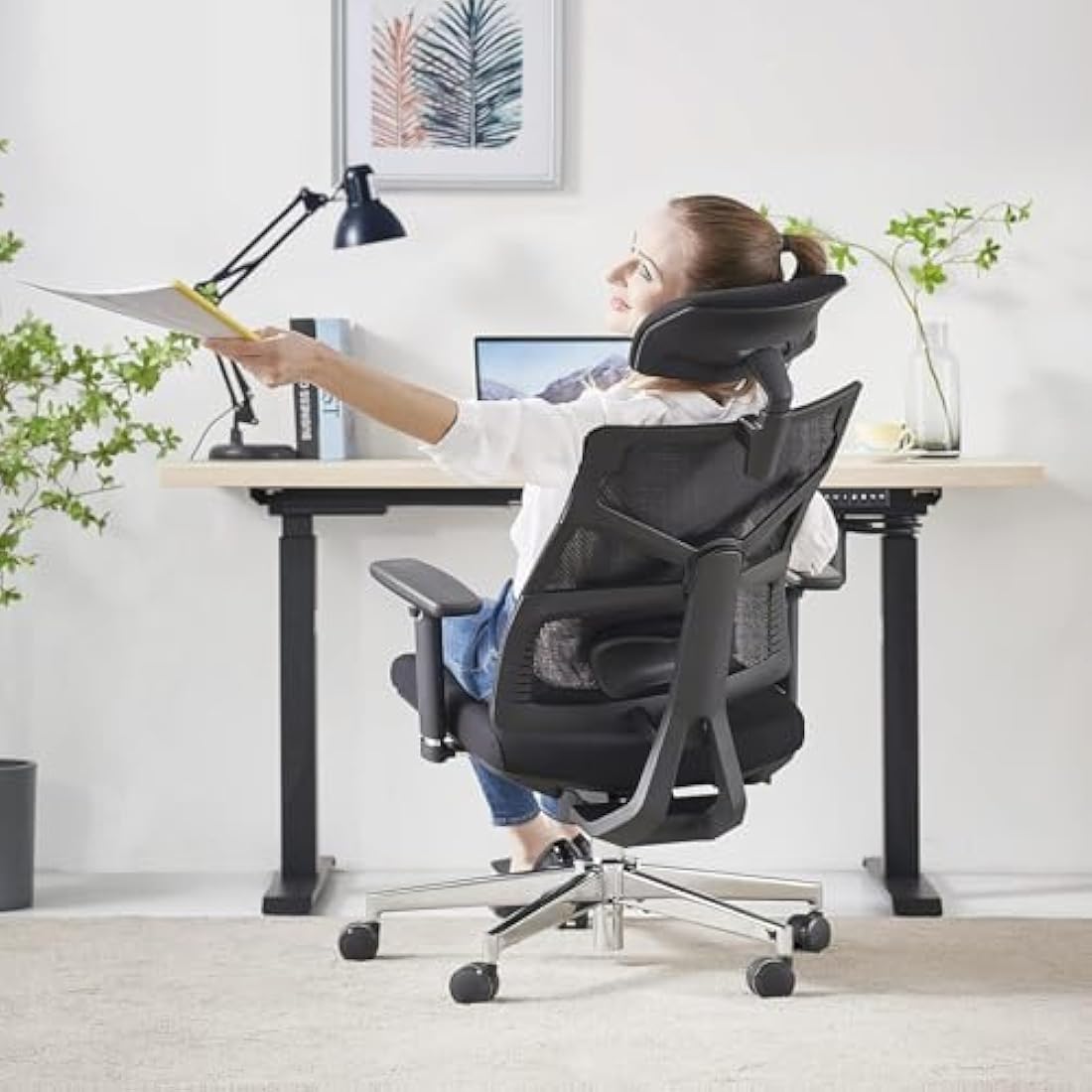 HOLLUDLE Ergonomic Office Chair with Adaptive Backrest, High Back Computer Desk Chair with 4D Armrests, Adjustable Seat Depth, Lumbar Support and 2D Headrest, Swivel Task Chair, Black