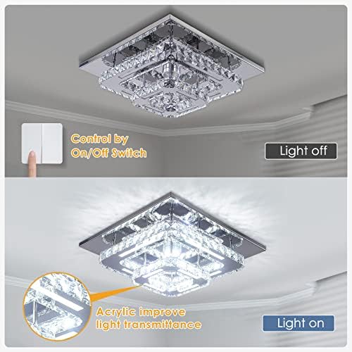 Finktonglan Crystal LED Chandelier Ceiling Light, Modern Square Ceiling Lamp Flush Mount Crystal Lights Fixture for Dining Room Hallway Bedroom Kitchen Hotel Foyer Living Room, Color Changeable