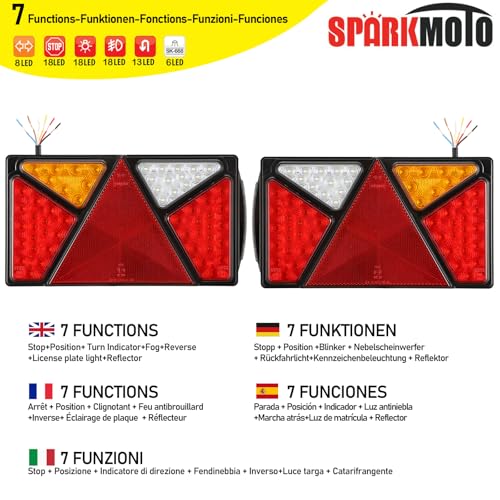 SPARKMOTO 2 x LED Combination Trailer Rear Lights, 7 Functions Submersible LED Tail Lights For Trailer Lorry Caravan Truck Tractor,12V 24V Dual