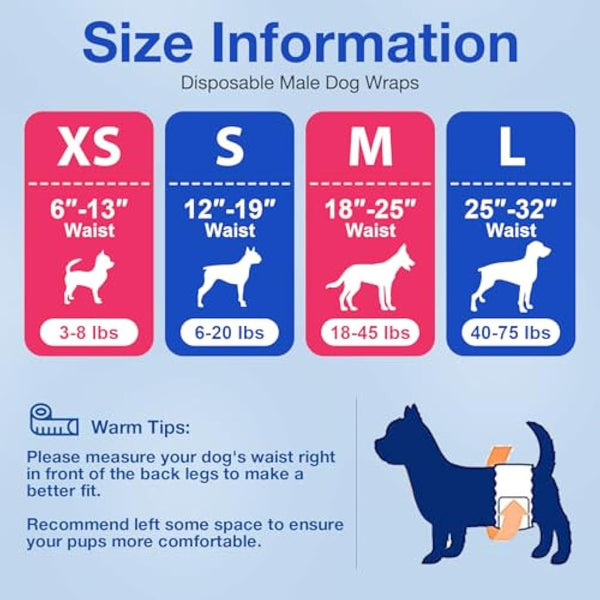 MICOOYO Disposable Dog Nappies Male, Super Absorbent Male Dog Wraps, Doggy Diapers with Wetness Indicator (M, 50pack)