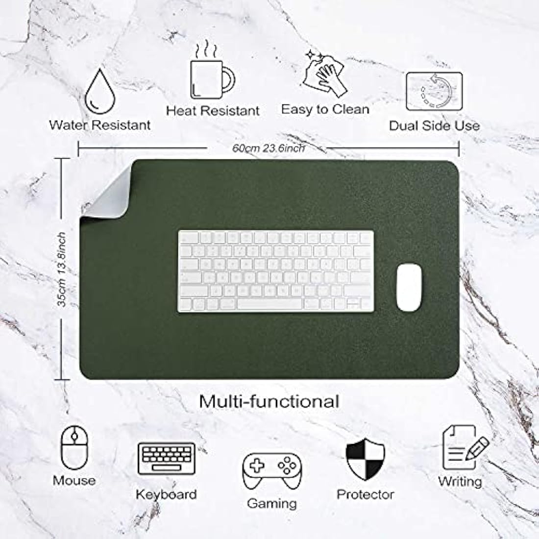 Desk Pad Large, Desk Mat, Extended Mouse Mat, Mouse Pad L, Desk Blotter, DOBAOJIA Laptop Pad Writing Pad for Office/Home, Dual-Side Use PU Leather Waterproof 23.6" X 13.8"(Dark Green/Gray)