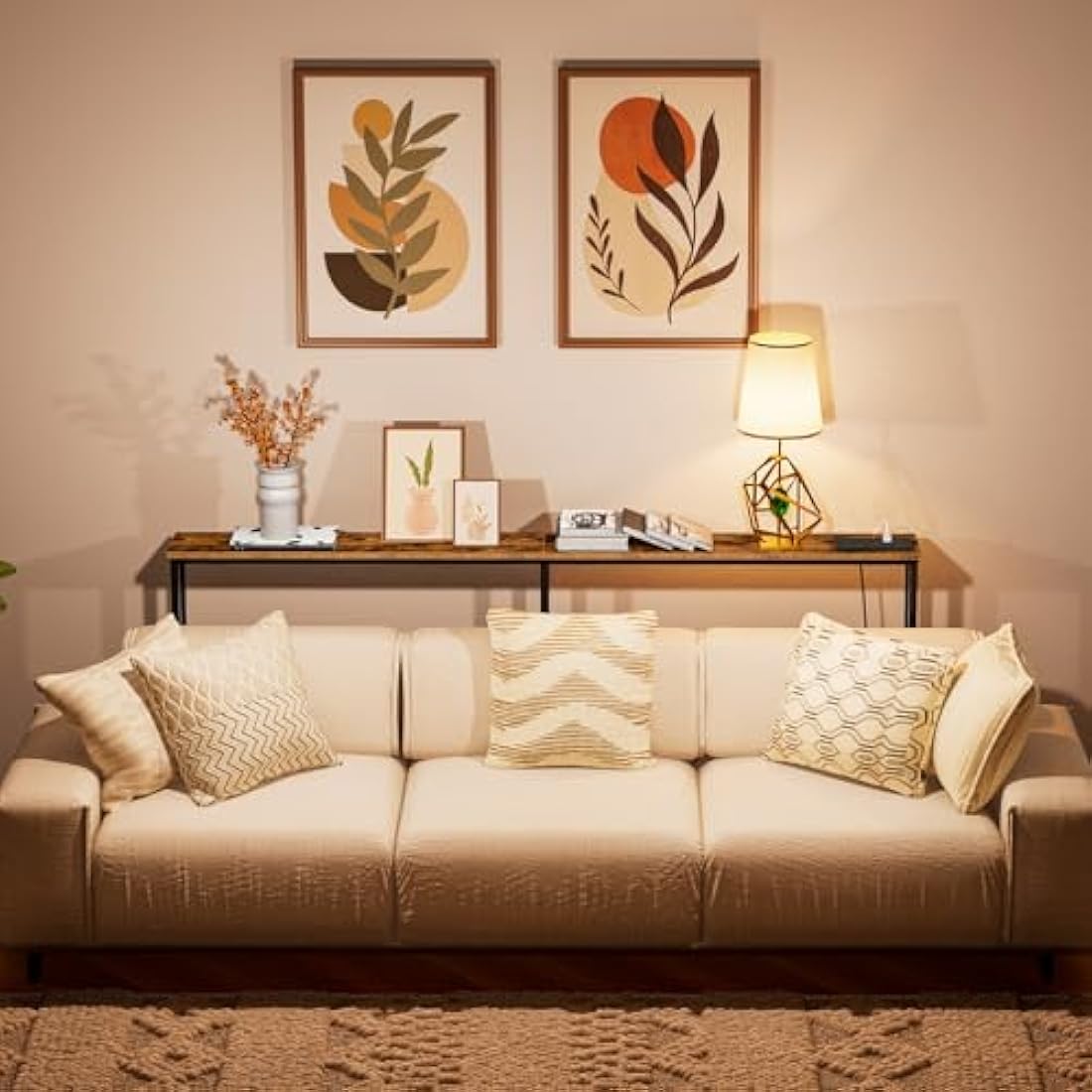 HOOBRO Slim Console Table with Charging Station, 180 cm Long Hallway Table with USB Ports, Behind Sofa Table Narrow for Hallway, Entryway, Foyer, Living Room, Rustic Brown and Black EBF185KXG01