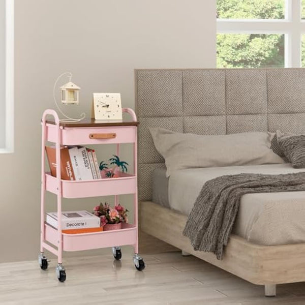 DOEWORKS Storage Trolley on Wheels 3-Tier Metal Trolley Cart with Drawer Rolling Kitchen Trolleys Beauty Trolleys with Leather Handle for Room Bathroom Office, Pink