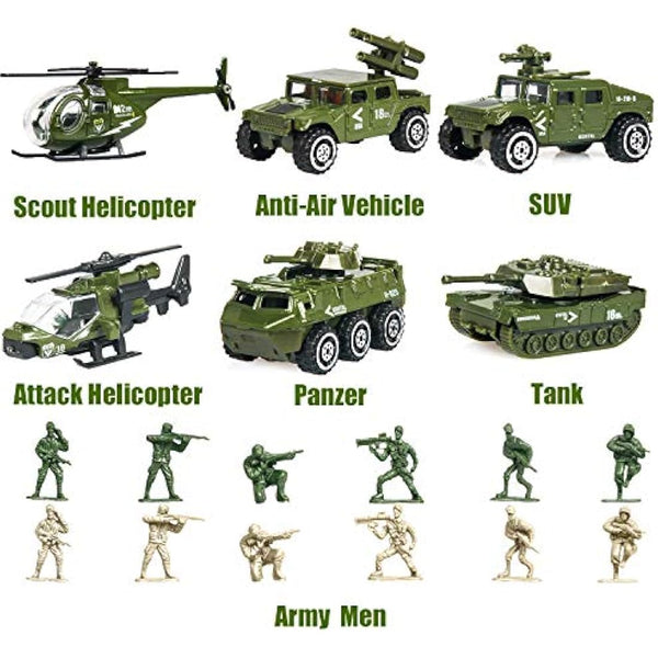 18 Pack Die-cast Military Vehicles Sets - 6 Pack Assorted Alloy Metal Models - 12 Pack Soldier Army Men, Mini Army Toy Tank, Panzer, Anti-Air Vehicle, Helicopter Playset for Boys