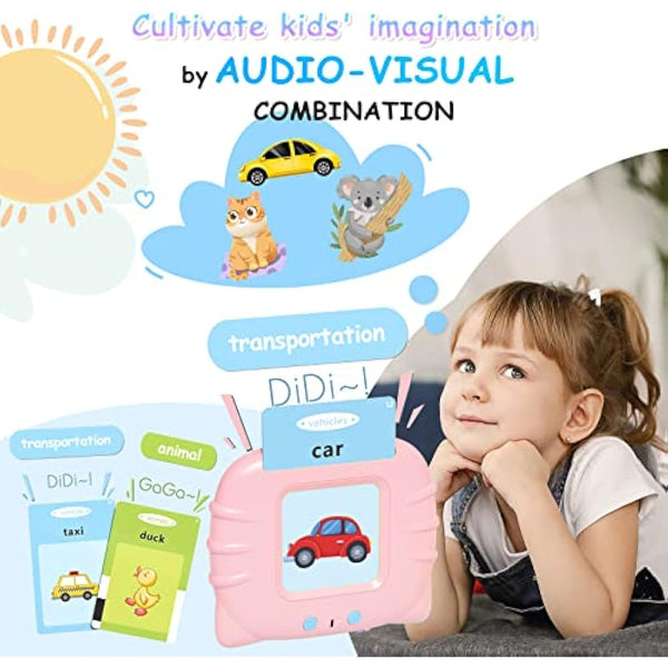 GUYUCOM Girls Toy Talking Flash Cards for 2,3,4 Years Old Kids, British Accent Speech Therapy Toys for Children, Autism Sensory Toddler Gifts with 112 Talking Flash Cards (Pink)