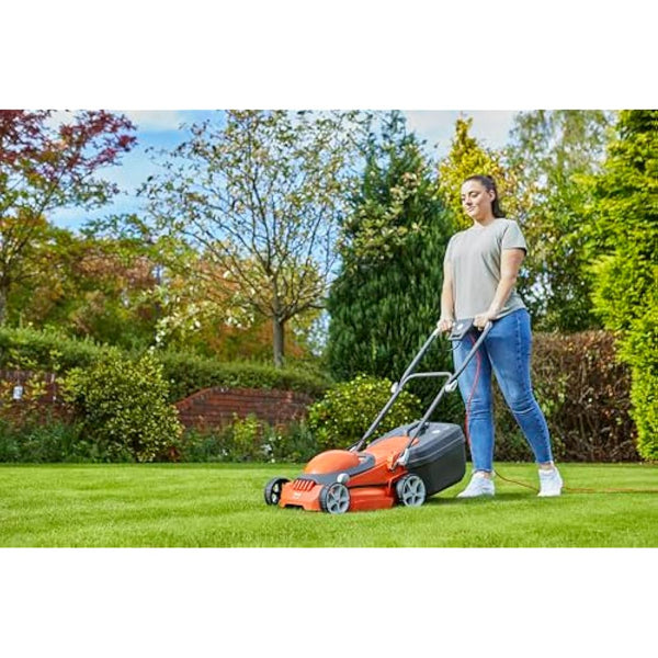 Flymo EasiStore 340R Electric Rotary Lawn Mower - 34 cm Cutting Width, 35 Litre Grass Box, Close Edge Cutting, Rear Roller, Central Height Adjust , Space Saving Storage Features