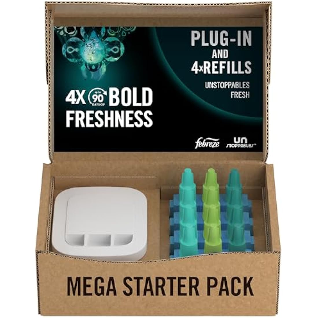 Febreze Unstoppables 3Volution Air Freshener Plug-In Diffuser Starter Kit + 4 Refills, (20mlx4), Febreze 3Volution Refill, Odour Fighter, Fresh