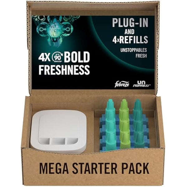 Febreze Unstoppables 3Volution Air Freshener Plug-In Diffuser Starter Kit + 4 Refills, (20mlx4), Febreze 3Volution Refill, Odour Fighter, Fresh