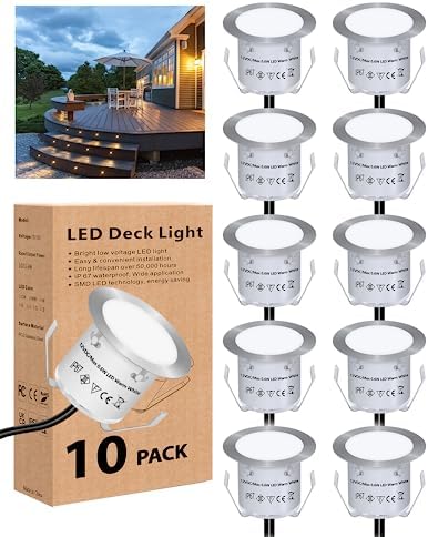 HIBOITEC 10Pcs Decking Lights, Lighting LED Deck Lights φ32mm, Warm White Decking Lighting, Waterproof Plinth Deck Light, for Outdoor, Garden, Floor Tile, Staircase, Wall Corner, Bathroom