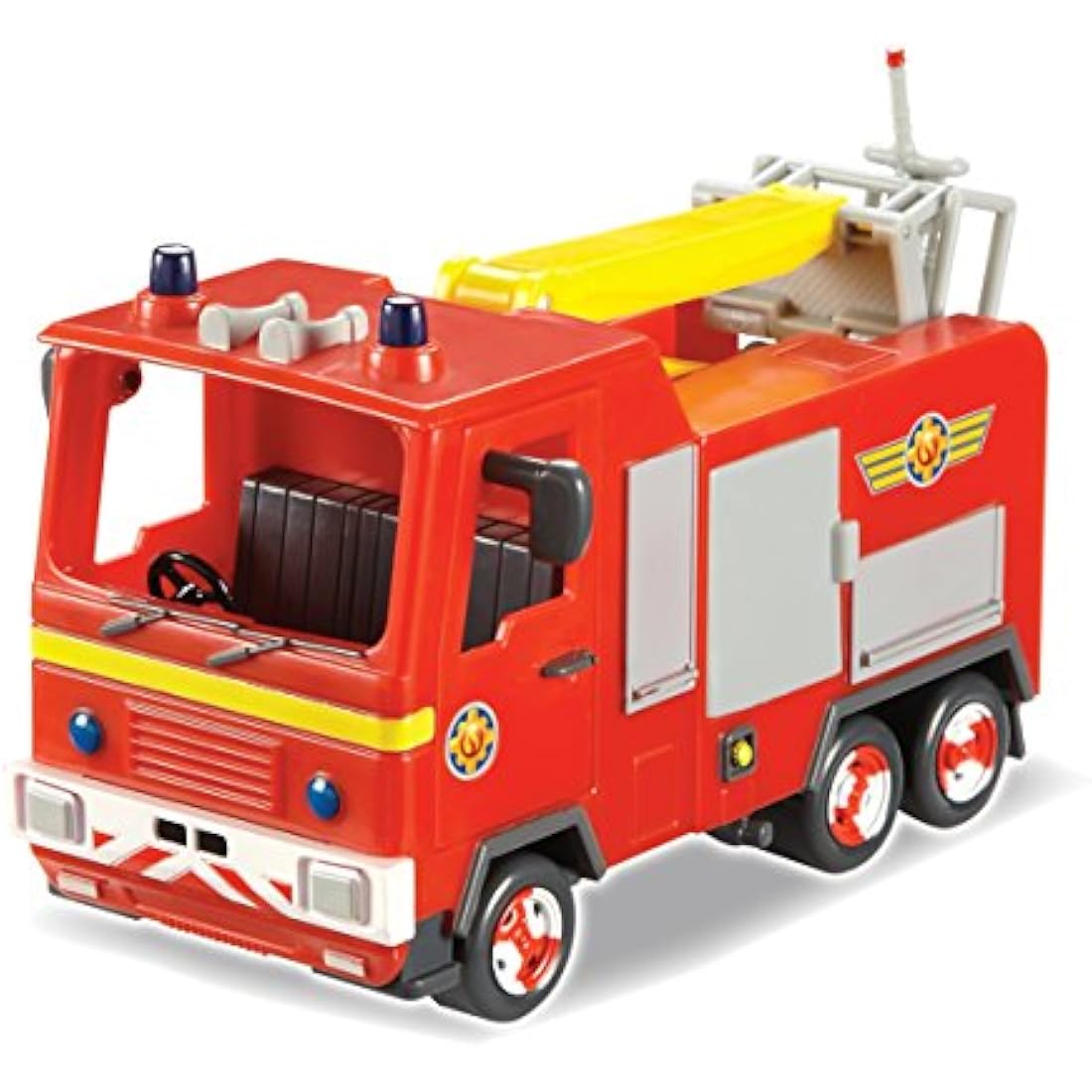 Jfireman Sam Jupiter the Fire Engine. Open the door and unwind the hose ready for action. Raise the crane arm with rescue platform to save the day