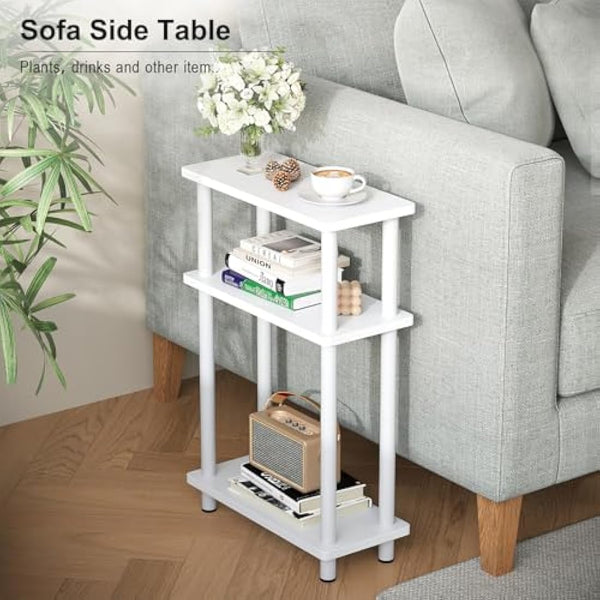APICIZON Narrow Side Table, Slim Small Table, 3 Tier End Table Living Room, 40x18x61.5cm, Modern Thin Side Table for Living Room, Bedroom, Sofa, Small Nightstand with Magazine Rack, Save Space, White