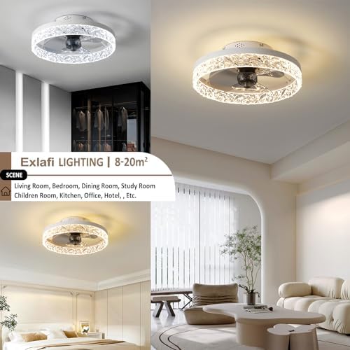 Exlafi Quiet Modern Ceiling Fans with Lights and Remote Control, LED Dimmable Fan Lamps for Bedroom and Living Room, Reversible with 6 Speeds (White, 40CM)