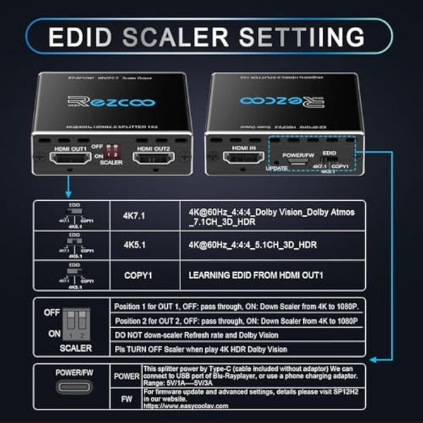 HDMI Splitter 4K 60Hz 1x2 1080P 120Hz HDCP HDR 18Gbps UHD D-olby Vision Atmos Scaler 4K EDID 1080P Dual Monitors HDMI 2.0 Splitter 1 in2 out for PS5,SkyQ,Xbox, Fire Stick BluRay Apple TV Projector