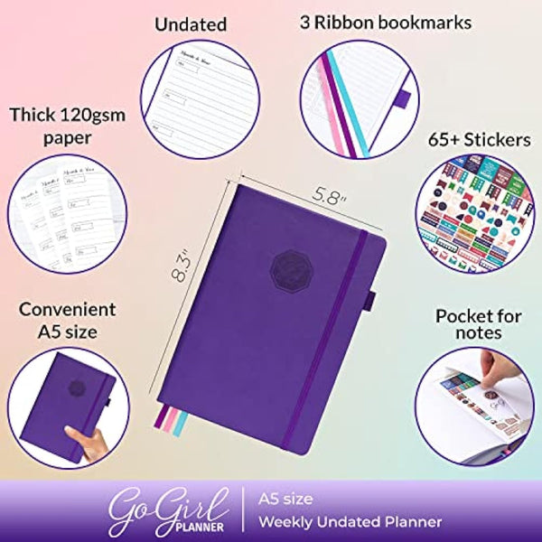 GoGirl Planner and Organizer for Women – A5 Weekly Agenda, Goals Journal to Improve Time Management & Productivity (Purple)