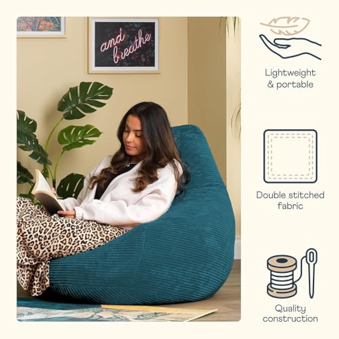 icon Dalton Cord Recliner Bean Bag, Teal Green, Large Adult Bean Bag Chair with Filling Included, Comfy Chair, Living Room Furniture, Bedroom Furniture
