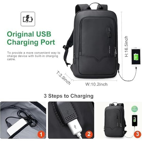 Laptop Backpack, Mens Computer Rucksack Lightweight Slim Laptop Rucksack Waterproof Daypack with USB Charging Port, Compact Bag Business Travel College School Bag for Office Work Outdoor-15.6'', Black