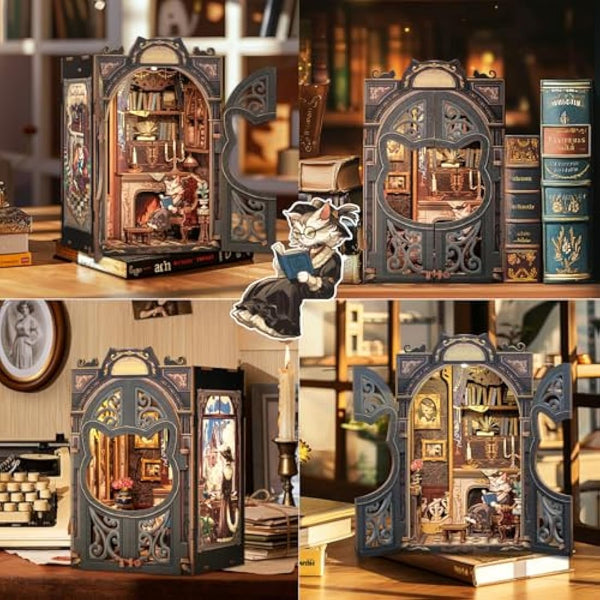 Fsolis Book Nook Kits for Adults, 3D Wooden Puzzles Book Nook, Diy Miniature House Kit Bookshelf Decor Tiny House Model Kits Gifts for Friend (Count Cat's Study)