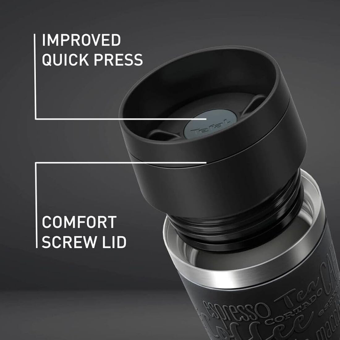 Tefal Travel Mug Classic Black, Comfort Screw Lid, Quick Press, Soft-Touch Sleeve, Travel-Ready, Reusable, 100% Leak-Proof, Keeps Drinks Cold (8 hrs) and Hot (4 hrs), 360° Drinking, N2020210