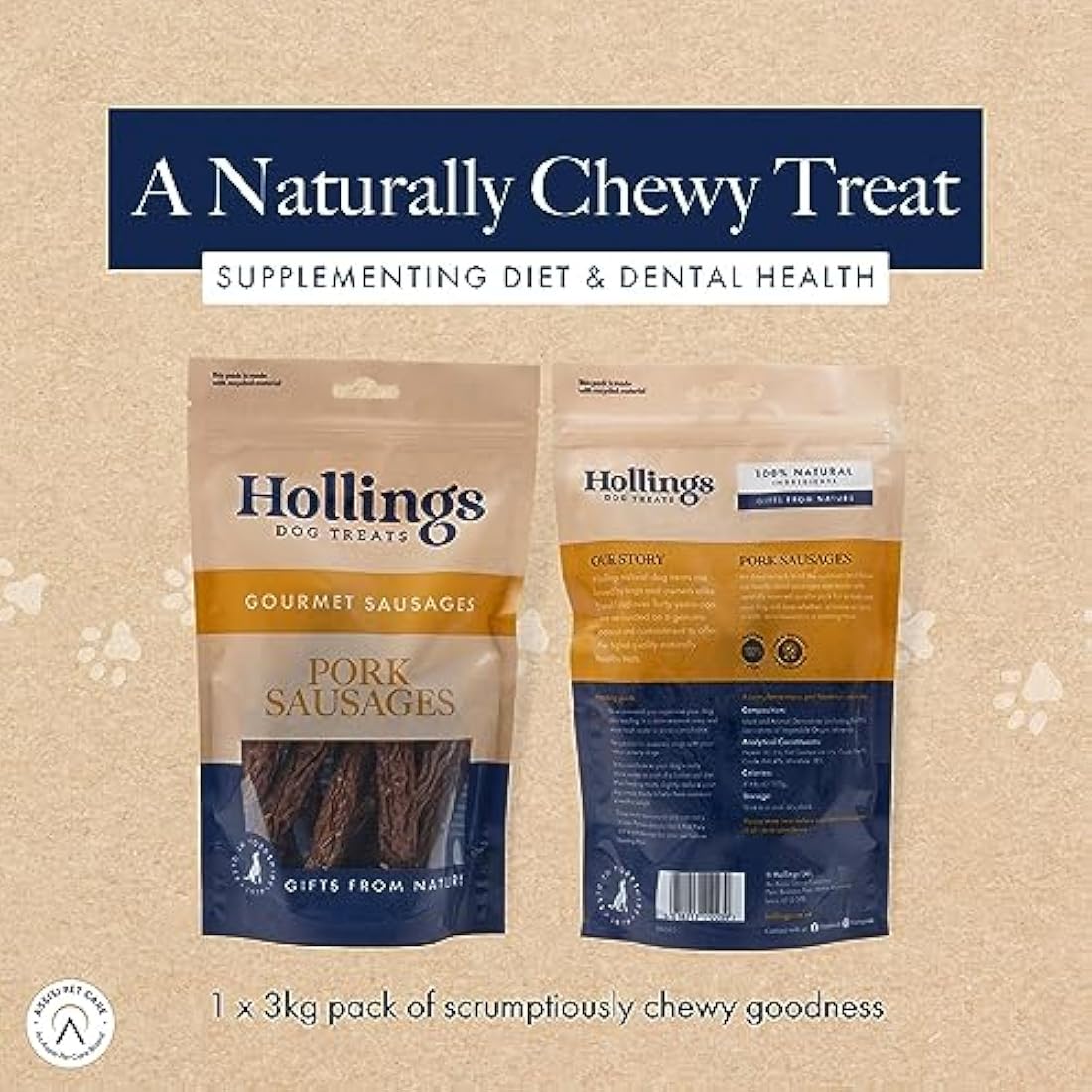 Hollings Pork Sausages Dog Treats, Delicious, Nutritious Air Dried Chews for Adult Dogs, 100% Gluten Free & Made with 100% Natural Ingredients (3kg)