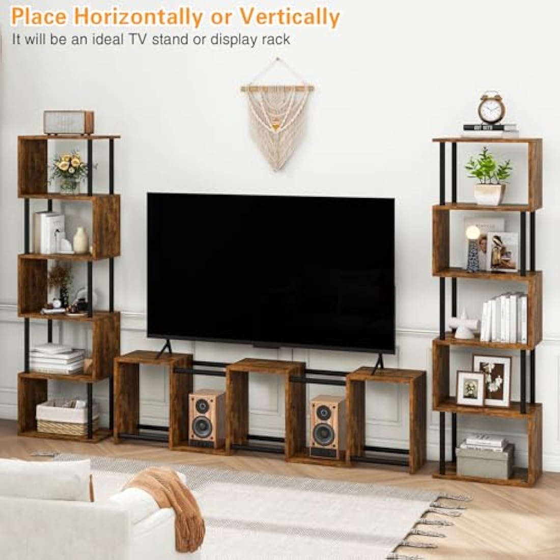 IBUYKE 6-Tier Tall Bookshelf,S-Shaped Geometric Bookcase, Wood Display Shelves With Storage,Industrial Bookshelf for Living Room Bedroom, Home Office, Rustic Brown WBC016H