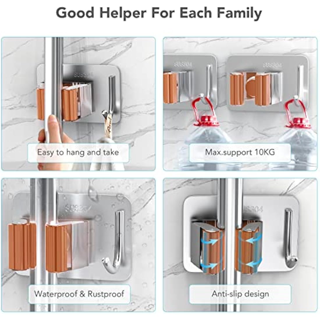homeasy Mop Broom Holder, 4 Pcs Stainless Steel Self Adhesive Mop Holder Wall Mounted with Hooks Hanger Self-Adhesive Broom Holder (Orange)