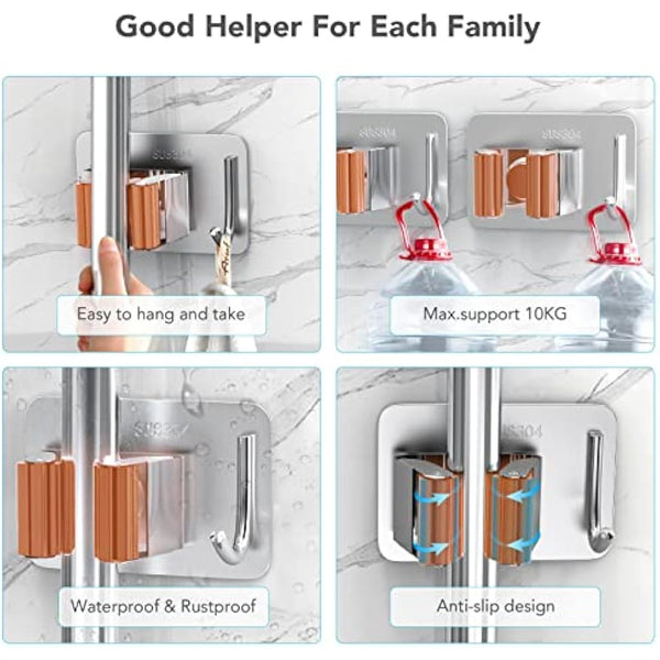 homeasy Mop Broom Holder, 4 Pcs Stainless Steel Self Adhesive Mop Holder Wall Mounted with Hooks Hanger Self-Adhesive Broom Holder (Orange)