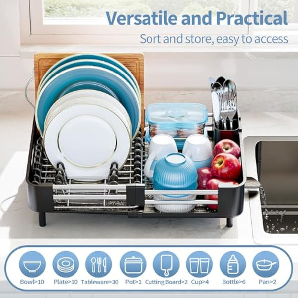 KINGRACK Extendable Dish Drainer Rack, Stainless Steel, Foldable Dish Rack with Removable Cutlery Holder and Anti-Scratch Holder, Adjustable Draining Board Rack with Drainage Spout, Black