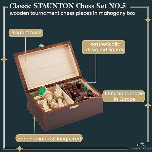 Classic STAUNTON Chess Set NO.5 in Mahogany Box | Master of Chess Wooden Chess Set | Wooden Chess Pieces Only - Handmade Tournament Chess Set Without Chess Table