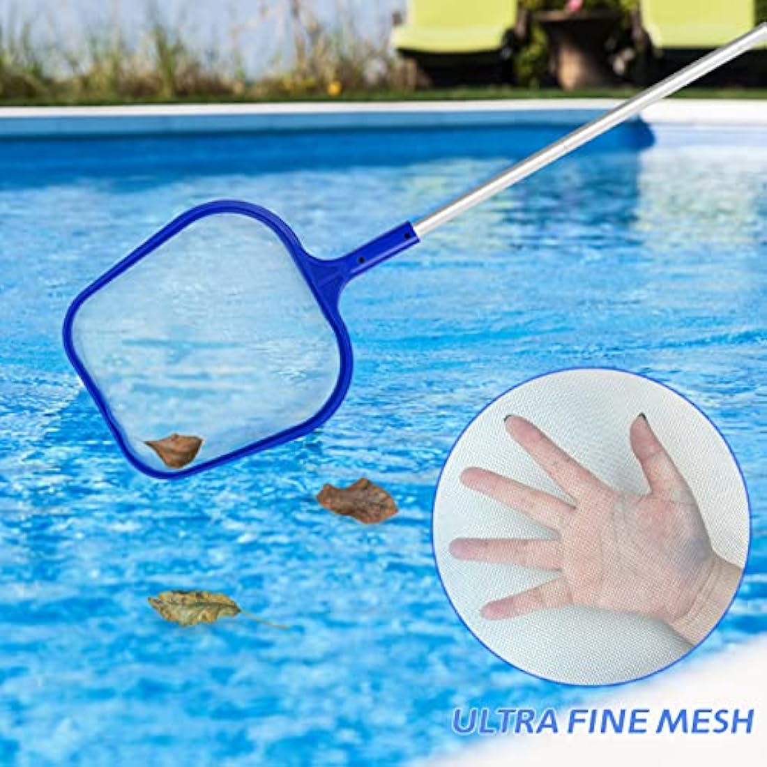 Jsdoin Swimming Pool Skimmer Net, Adjustable 5 Connecting 48Inch Aluminium Telescopic Pole, Pond Nets for Cleaning, Fine Mesh Leaf Skimmer Netting for Garden Pond Hot Tub Net, Blue