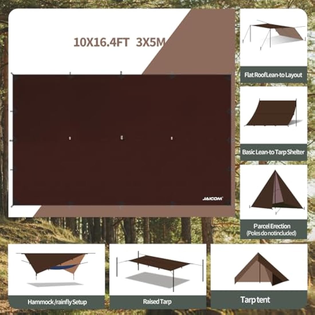 JAICOM Camping Tarp, 3x5m Waterproof PU3000mm, Anti-UV, Brown, Versatile with 11 Webbing Straps, Ideal for Camping, Picnic, Beach
