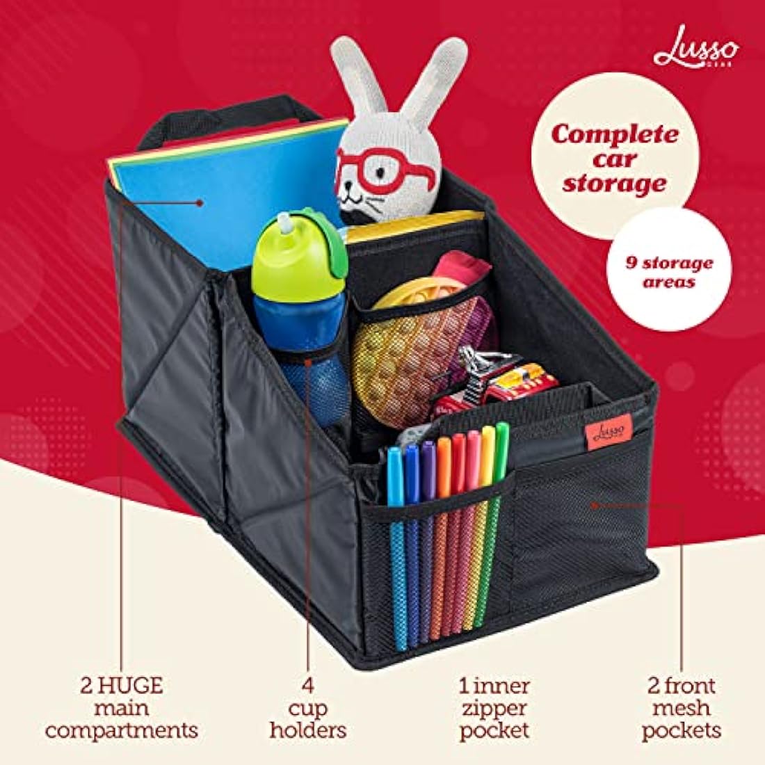 Lusso Gear Car Seat Organiser for Front or Backseat Great for Adults & Kids Featuring 8 Storage Compartments for Toys, Magazines, Tissues, Maps, Books, Documents, Games & More