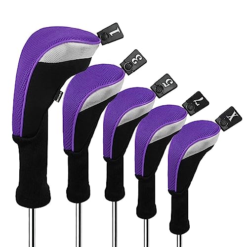 Andux 5pcs/Set Golf 460cc Driver Fairway Wood Club Head Covers Long Neck Black/Purple