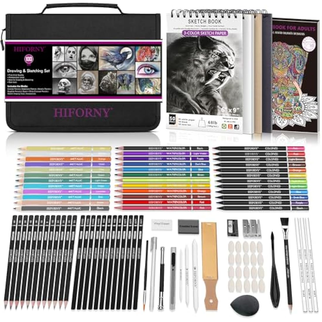 HIFORNY 100 PCS Drawing & Sketching Set, Professional Art Supplies with Graphite,Charcoal, Colored,Watercolor,Metallic Pencils,Blending Tools,Sketchbook and Coloring Book in Zipper Case (Black)