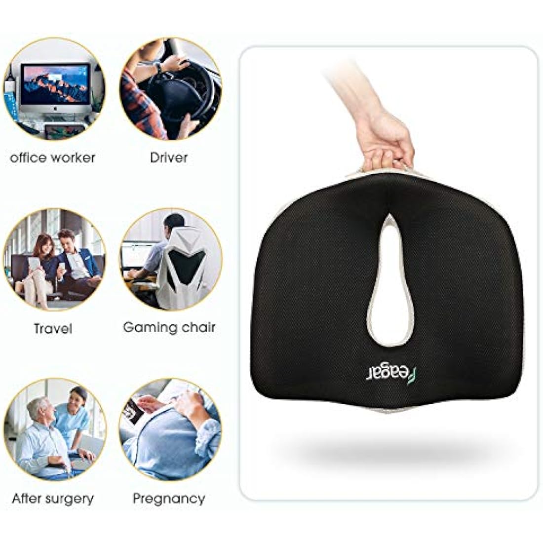 Feagar Gel Seat Cushion for Back Pain-Orthopedic Non-Slip Memory Foam Coccyx Cushion for Tailbone Relief Sciatica Hemorrhoid, Office Chair Cushions Wheelchair, Recliner, Car Seats